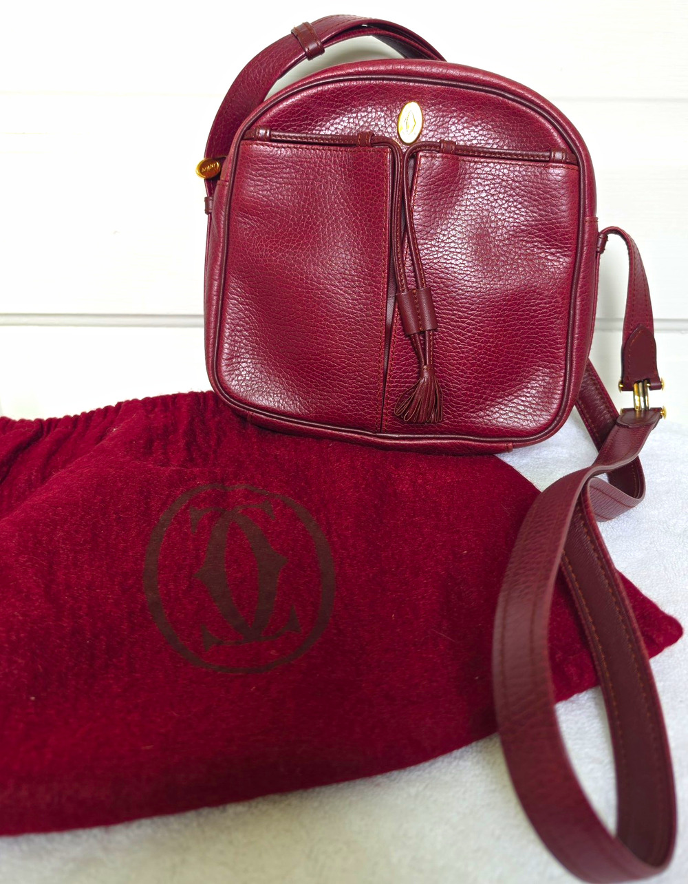 Cartier Must de Cartier Burgundy Small Crossbody Zip Tassel Gold HW w/COA